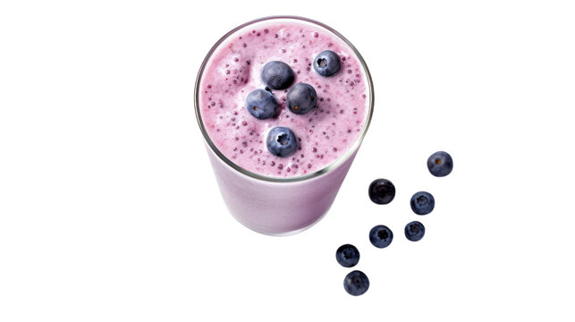 Glass of blueberry milkshake or cocktail isolated on transparent and white background.PNG image.