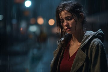 Generative AI Image of Girl with Sad Expression Soaking Wet Under Rain at Night - obrazy, fototapety, plakaty