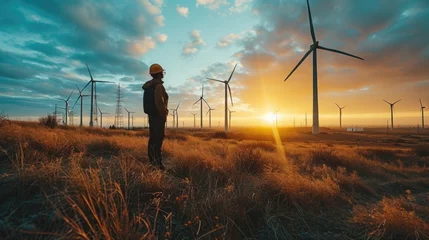 Foto op Plexiglas Wind Farm, engineer inspecting turbines, expansive wind farm at dawn, sky blues and earth browns, hard hat, safety goggles © Татьяна Креминская