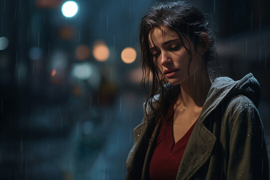 Generative AI Image of Girl with Sad Expression Soaking Wet Under Rain at Night