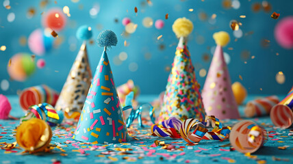Birthday party caps, blowers and confetti on blue background, Happy birth day - obrazy, fototapety, plakaty