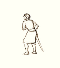 Pencil drawing. Man rise up hands