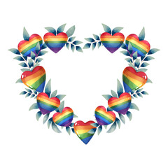 Fototapeta na wymiar vector beautiful watercolor heart shape pride Valentine's Day floral heart frame. LGBT symbol