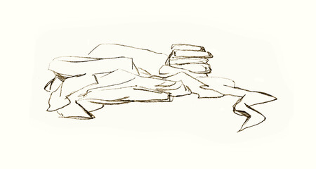 Pencil drawing. Crumpled laundry for washing