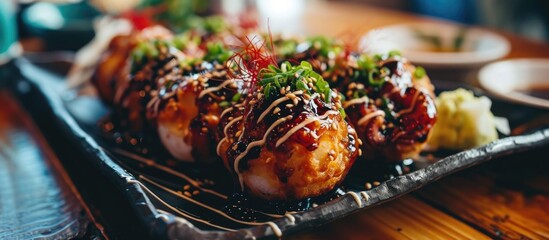 Naklejka premium Japanese food: takoyaki with octopus