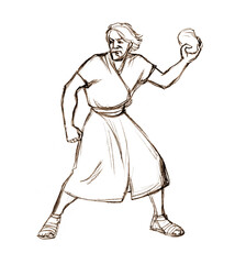 Pencil drawing. Man throw a big stone