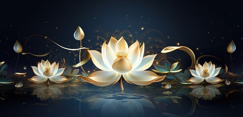 illustration of beautiful lotus flowers blooming on a black background. generative AI - obrazy, fototapety, plakaty