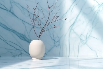 White vase with a branch on a marble background
