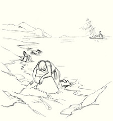 Pencil drawing. A man who escaped ashore after a shipwreck