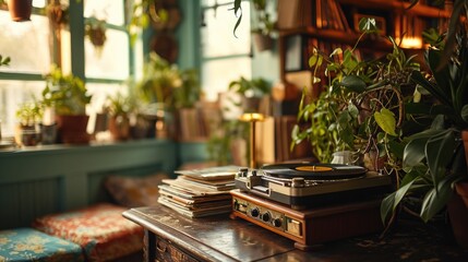 vintage record player next to a stack of vinyls, interior of a retro cafe, 1980s nostalgia, pastel color palette