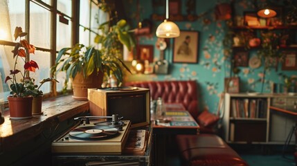 vintage record player next to a stack of vinyls, interior of a retro cafe, 1980s nostalgia, pastel color palette