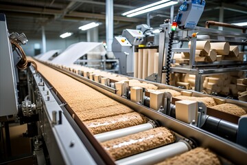 An industrial cigarette production line with heaps of processed tobacco on conveyors