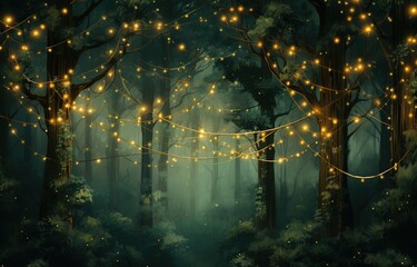An illustration of trees at night with twinkling yellow glitter lights. Generative AI