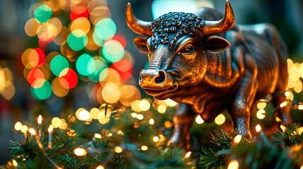 bronze bull statue among Christmas tree branches with lights. Colorful bokeh lights are in the background