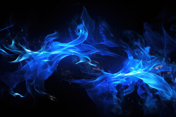 Tongues of blue fire on clear black background, blue flames and sparks background design - obrazy, fototapety, plakaty