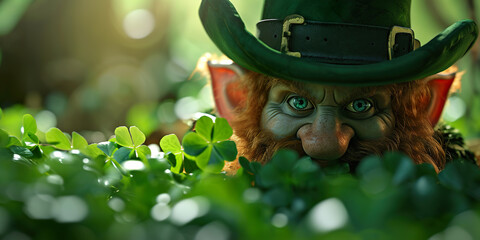 Mischievous leprechaun hiding behind a clover leaf