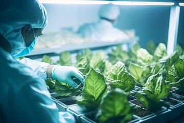 A scientist in a lab coat and gloves carefully examines a tobacco plant in a modern agricultural laboratory - obrazy, fototapety, plakaty
