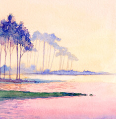 Watercolor painting. Summer river landscape