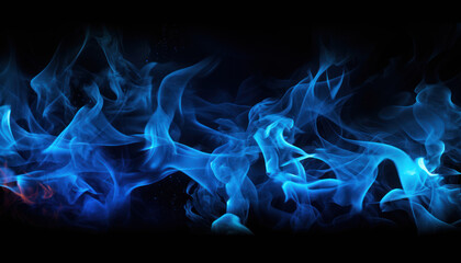 Tongues of blue fire on clear black background, blue flames and sparks background design