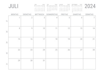 Monat Kalender Juli 2024 Monatskalender Kalenderblatt Kalendarium mit Kalenderwoche Planer DIN A4 Deutsch
