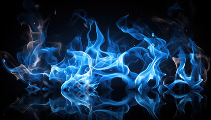 Obraz premium Tongues of blue fire on clear black background, blue flames and sparks background design