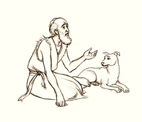 Pencil drawing. A beggar asks for alms