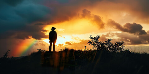 Fototapeta premium Silhouette of a leprechaun at sunset with a rainbow