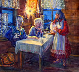 Obraz na płótnie Canvas Watercolor painting. Grandmother treats guests with milk