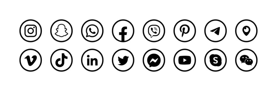 Social media icons set. Instagram, Snapchat, WhatsApp, Facebook, Viber, Pinterest, Telegram, Periscope, Vimeo, TikTok, Linkedin, Twitter X, Messenger, YouTube, Skype, WeChat black logos. Vector icons
