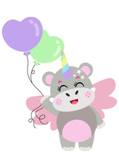 Obraz na płótnie Canvas Cute happy unicorn hippo holding balloons