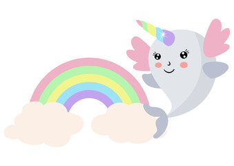 Cute happy unicorn whale with rainbow