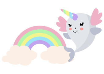 Cute happy unicorn whale with rainbow © soniagoncalves
