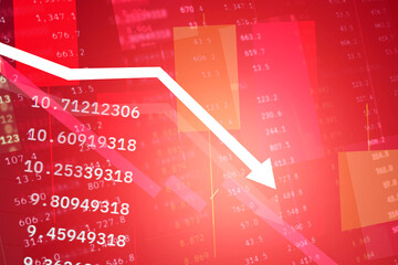 Stock market crash with arrow going down and red graph decreasing. Capital at risk. Bitcoin on...