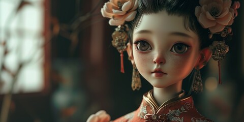 animated doll with big eyes, donning the elegance of Chinese traditional clothing - obrazy, fototapety, plakaty