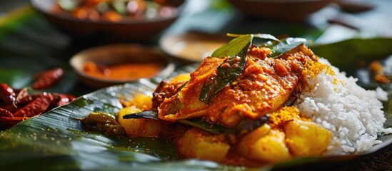 Traditional Indian fish curry made with tapioca and spicy Kerala-style seasoning, served on a banana leaf. Also known as kappa or cassava with sardine masala, this Asian cuisine dish features a - obrazy, fototapety, plakaty