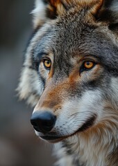 Fototapeta premium - A close-up of a majestic wolf's eyes, with a piercing gaze that exudes confidence.
