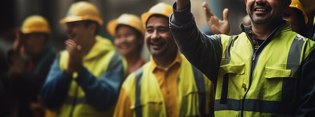 a group of workers raising their hands - obrazy, fototapety, plakaty