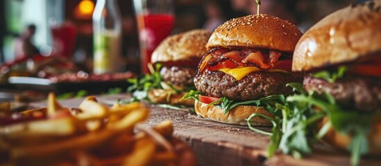 Closeup of a wooden table with a fresh burger.