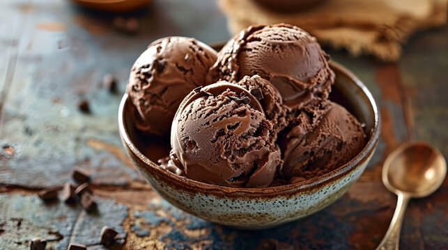 Three scoops of delicious chocolate ice cream in a white bowl with silver spoons beside it