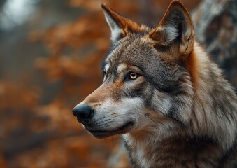 Naklejka na ściany i meble - A wolf's ears, perked up, alert to its surroundings, showcasing its acute senses.