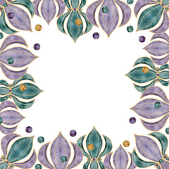 Hand drawn watercolor Mardi Gras carnival symbols. Fleur de lis lily French flower, glass beads baubles confetti. Square frame isolated on white background. Design for party invitation, print, shop © Elena