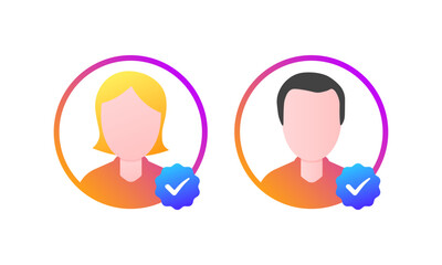 Story icon mockup for social media. Flat, color, person icon in a circle with a checkmark, social media, ui design, story mockup. Vector icons