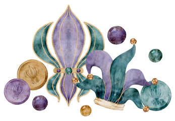 Hand drawn watercolor Mardi Gras carnival symbols. Jester fool hat, jingle bells, fleur de lis French lily iris beads. Composition isolated on white background. Design party invitation, print, shop © Elena