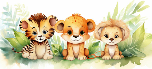 watercolor illustration cute baby safari animals sit on green grass and tropical leaves