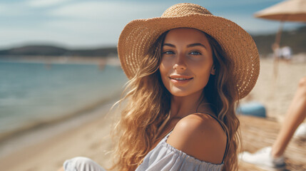 Young woman with a straw hat relaxing on the shore by an ocean,, in the style of joyful chaos, city portraits, wimmelbilder, handsome, close up, cinestill 50d, joyful and optimistic

