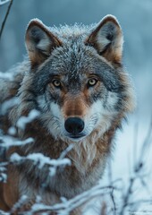 - A wolf's snout covered in delicate frost, showcasing its resilience in the cold winter.