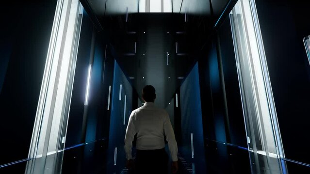 IPO Initial Public Offering. Man in Futuristic Office Interior Moving and Activating Hologram.