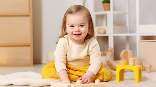 A photo of a cute four year old smiling girl with Down syndrome in beige and yellow linen clothes, looking at camera, sitting on the white carpet on the floor at home, eco wooden toys around