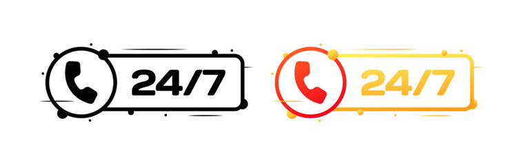 24/7 icons. Flat, color, handset icon, 24/7 buttons. Vector icons