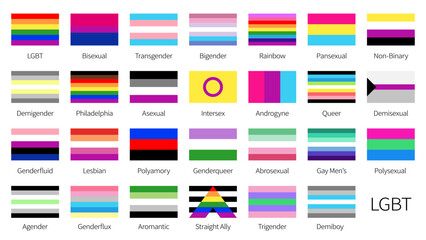 LGBT pride flags set of sexual diversity and identity rainbow signs, vector icons. LGBT flags of gay, lesbian or LGBTQ queer community, transgender, bisexual and homosexual or gender diversity flags - obrazy, fototapety, plakaty